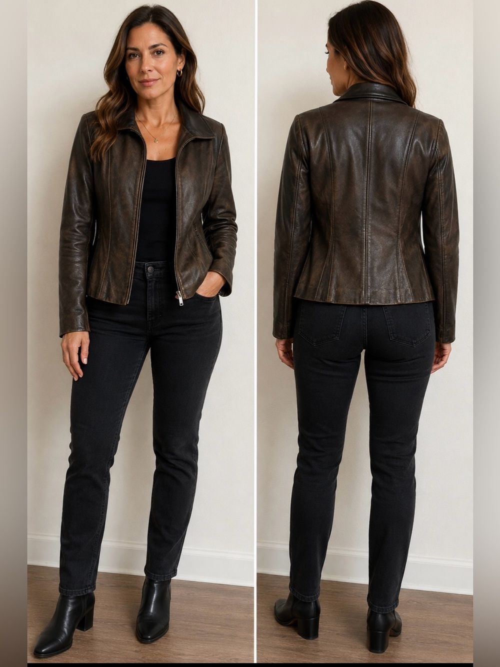 Jones New York Distressed Dark Brown Leather Zip Jacket